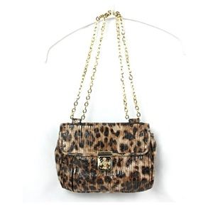 Chicos Leopard Print Faux Leather satchel. Gold tone closure + double use chain.